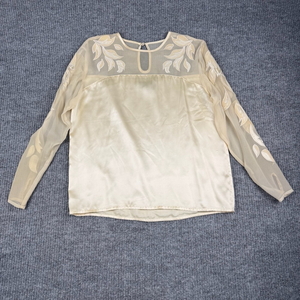 Vtg Bonnie Boerer Silk Blouse Womens M Ivory Satin Sheer Sleeves Ethereal